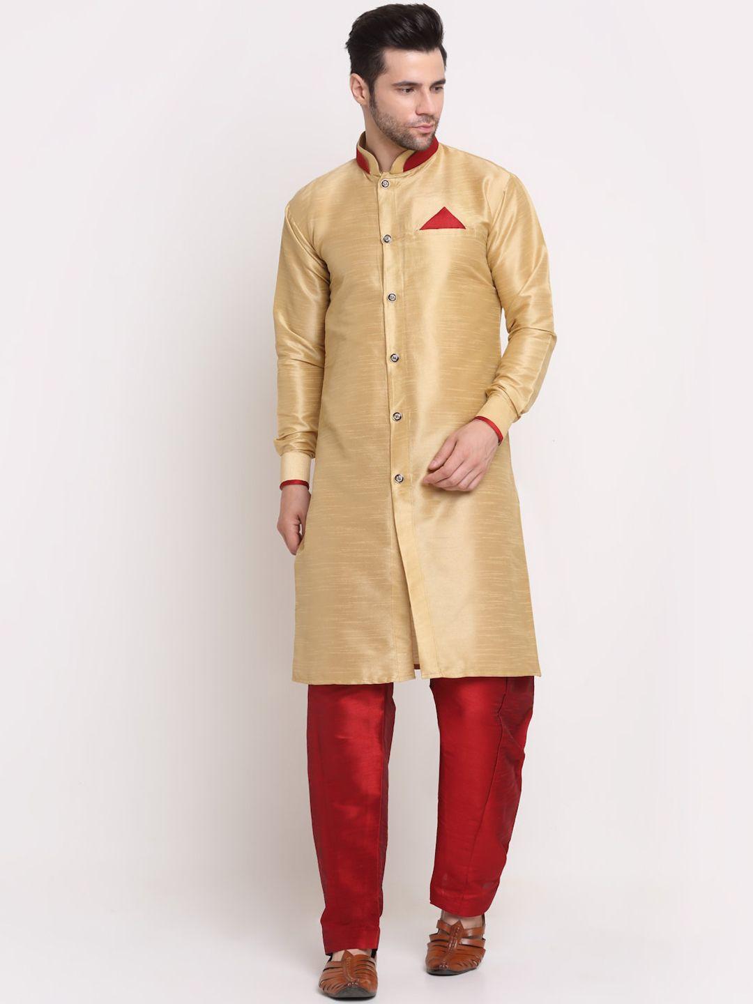 benstoke men golden & maroon solid sherwani set