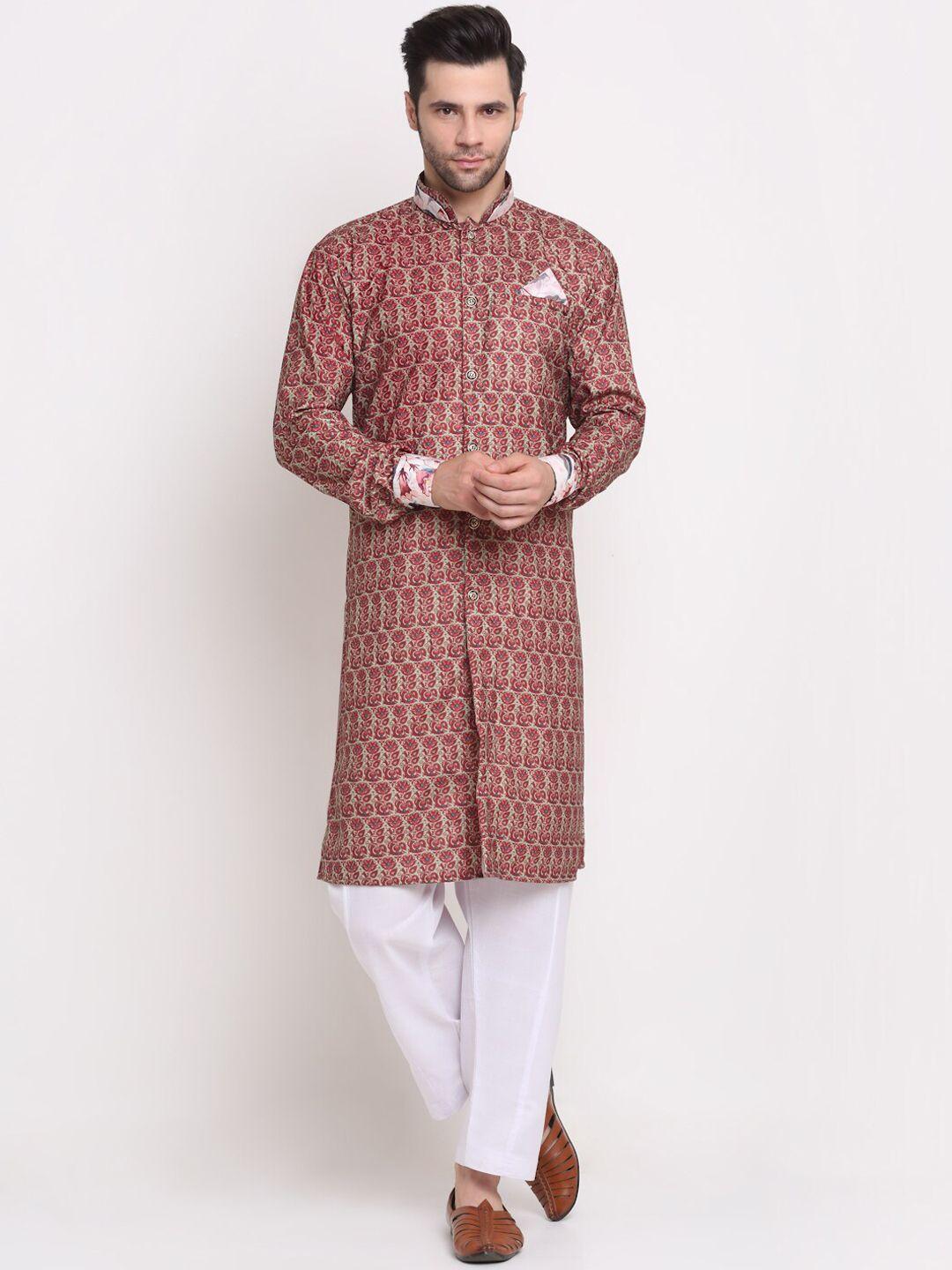 benstoke men beige & red printed sherwani