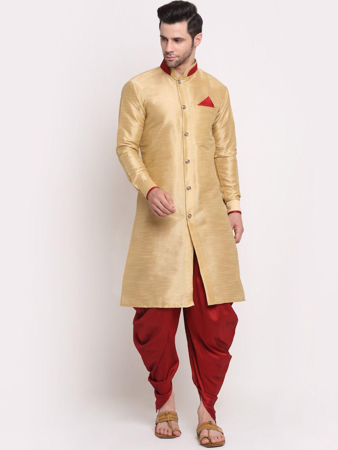 benstoke men gold & maroon solid sherwani set