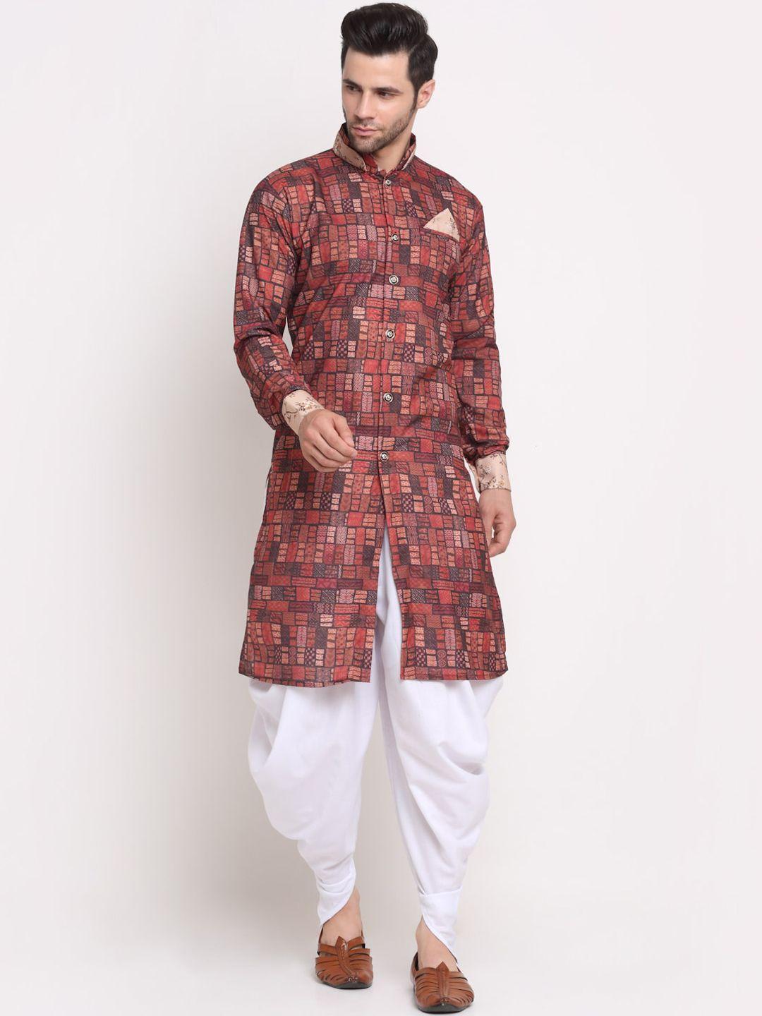 benstoke men maroon & white printed sherwani with churidar set