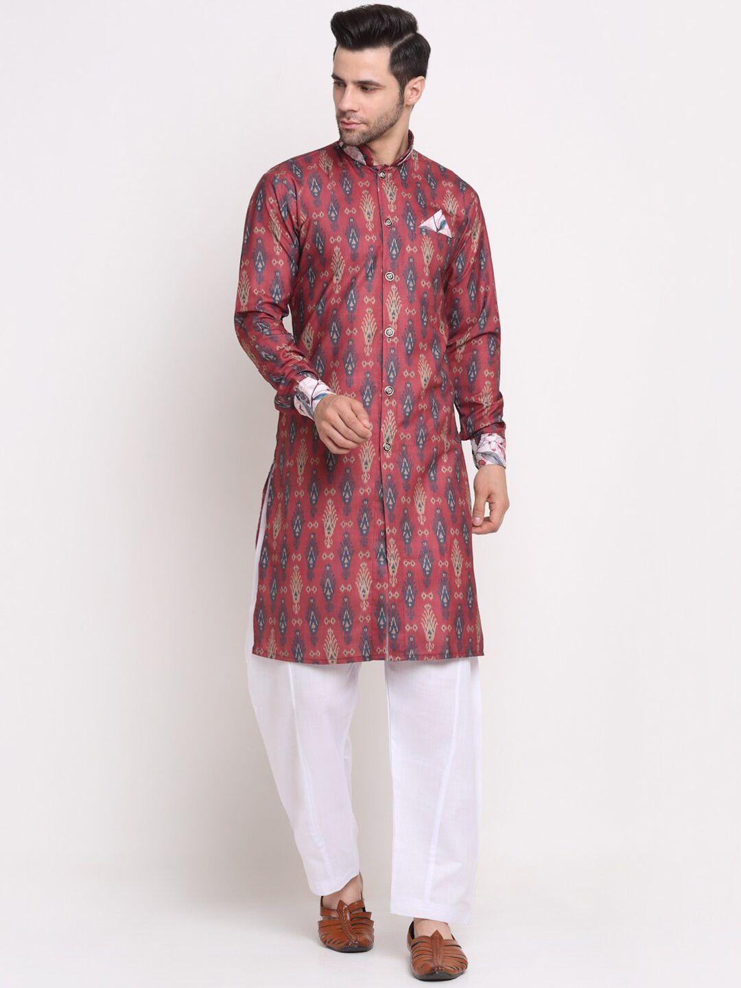 benstoke men pink & navy blue printed sherwani set