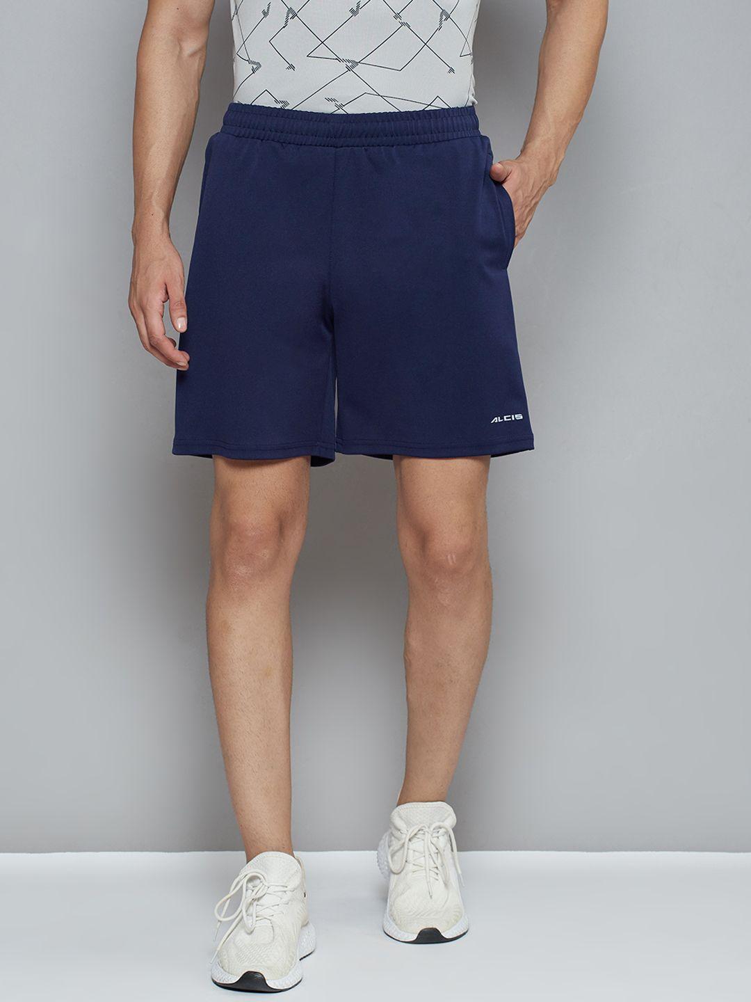 alcis men navy blue solid slim fit sports shorts