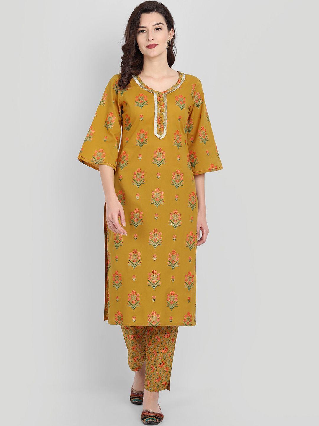 githaan women mustard yellow ethnic motifs embroidered regular pure cotton kurti with trousers