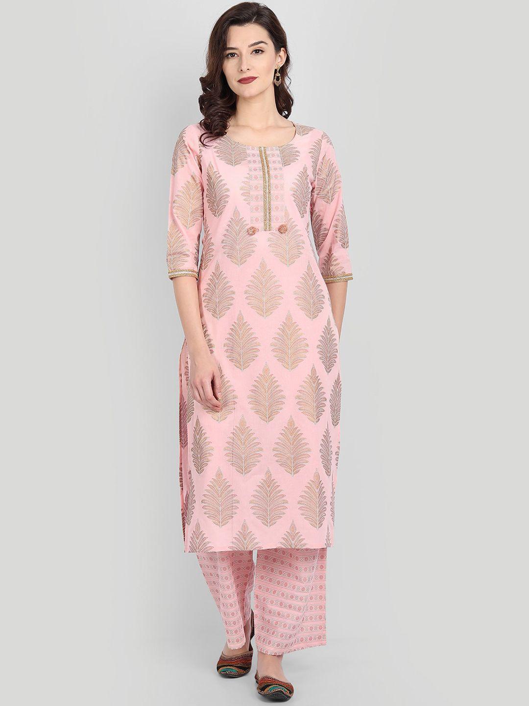 githaan women pink embroidered layered pure cotton kurti with trousers