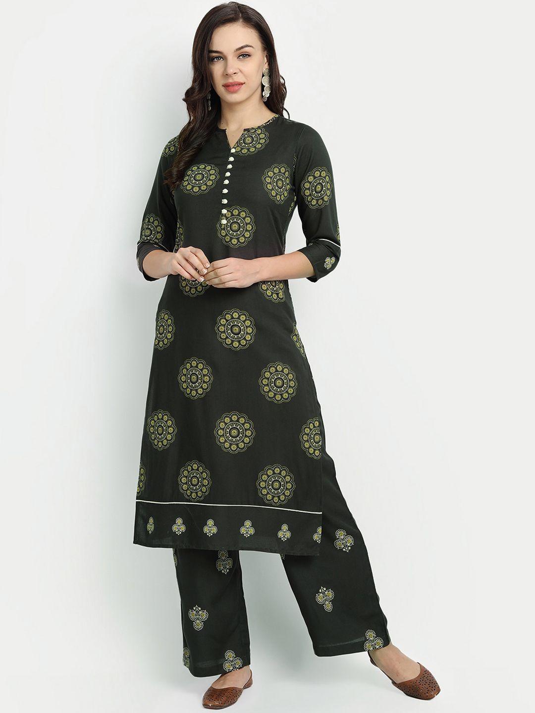 githaan women green ethnic motifs printed kurti with palazzos