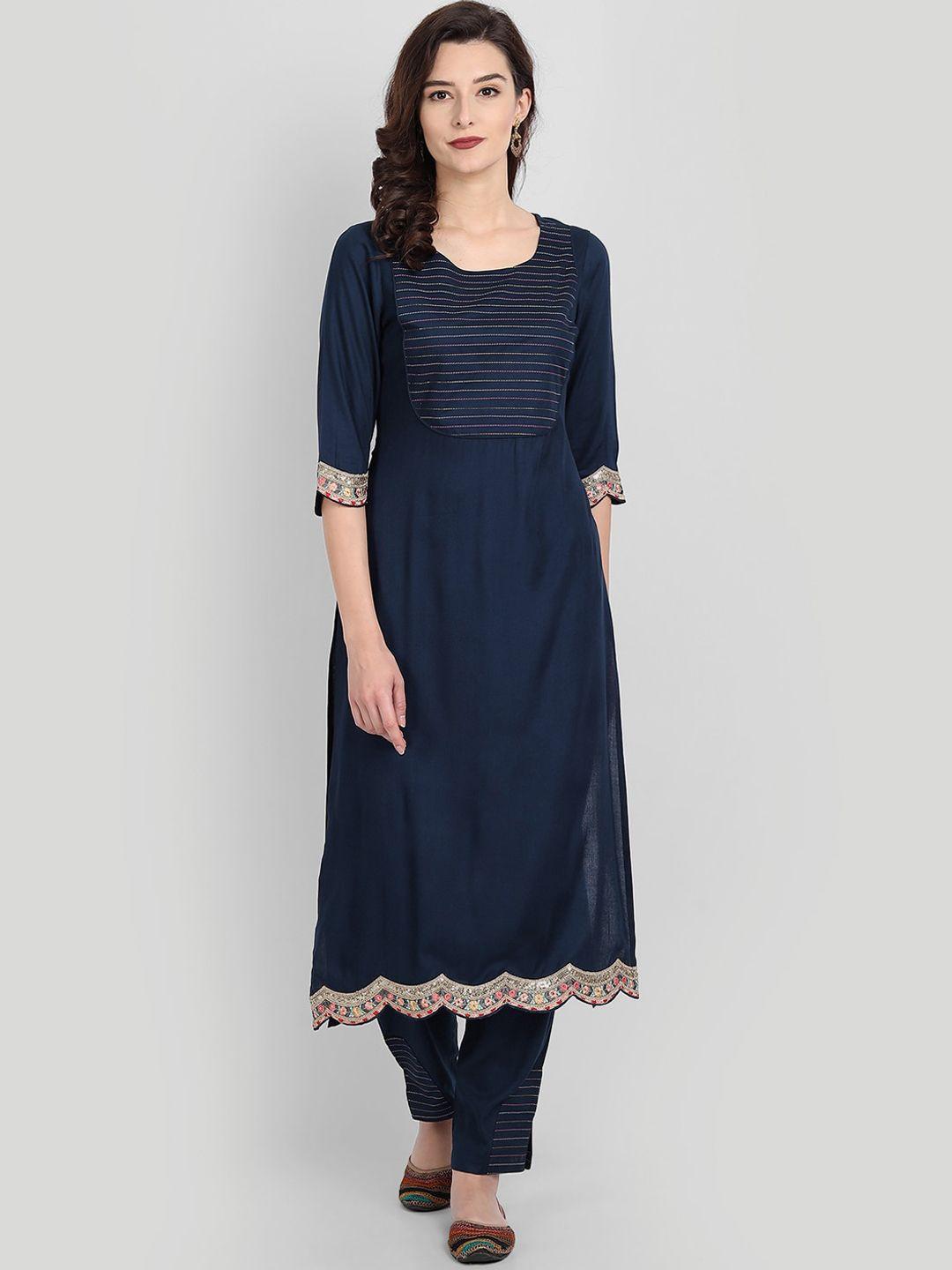 githaan women navy blue pleated kurti with trousers & with dupatta