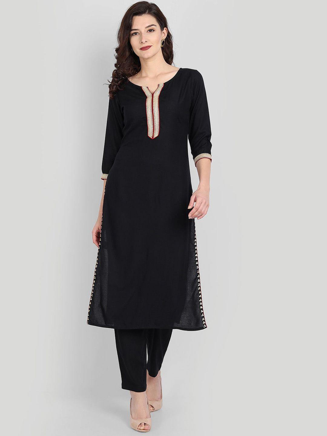 githaan women black yoke design pleated kurti with trousers