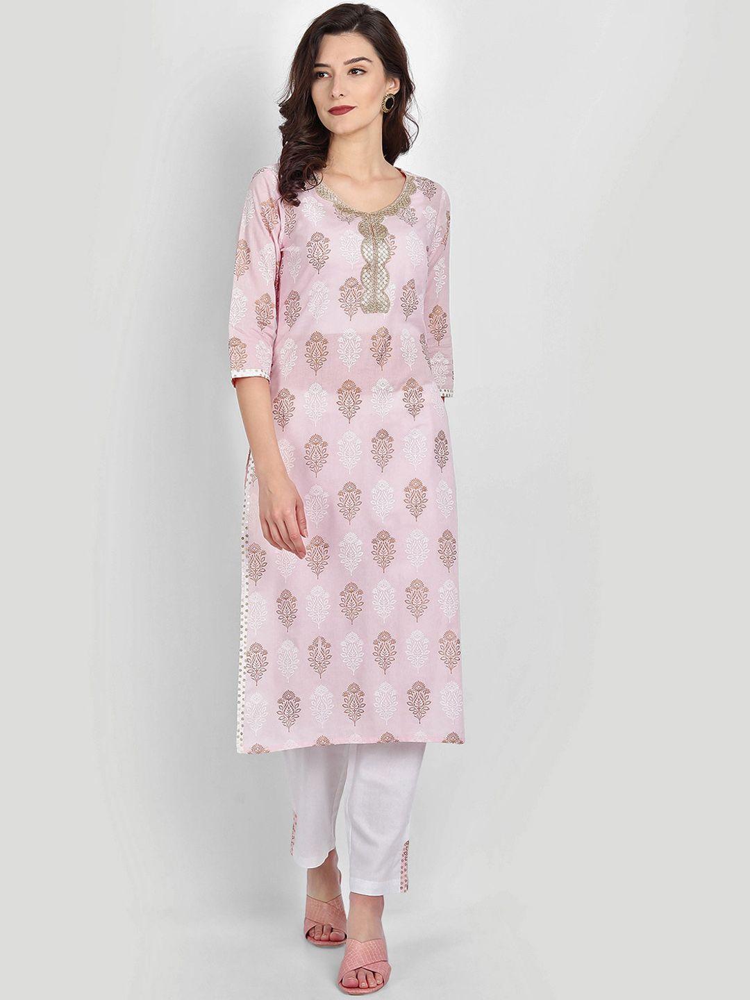 githaan women pink floral embroidered regular sequinned pure cotton kurti with trousers & with dupatta