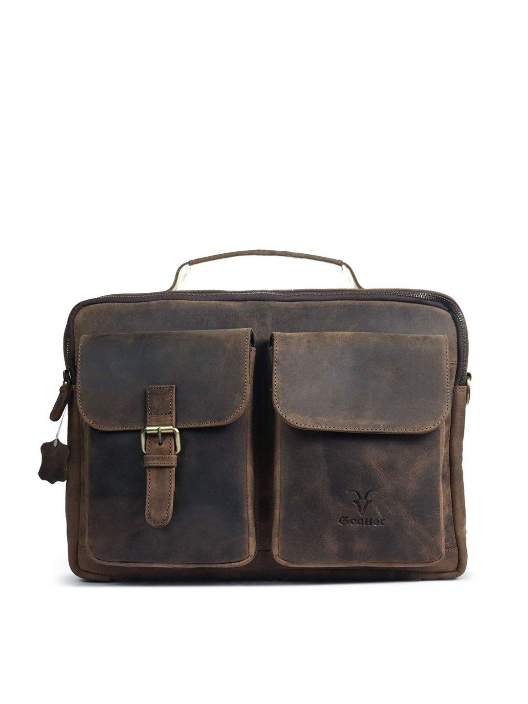 goatter men coffee brown leather laptop bag