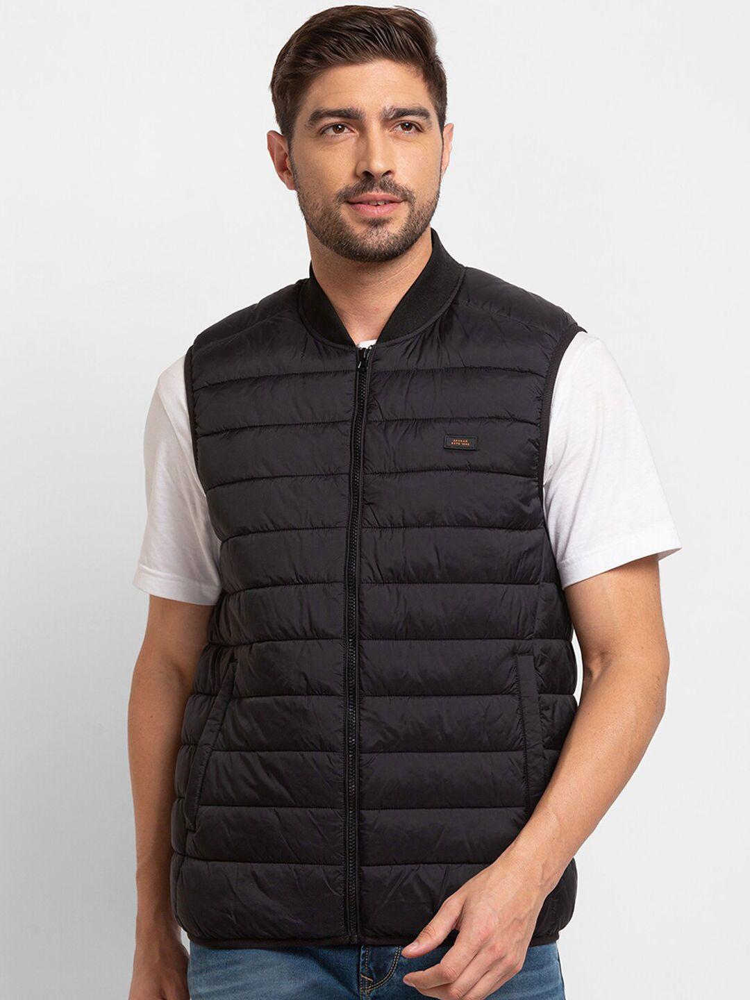 spykar men black striped puffer jacket