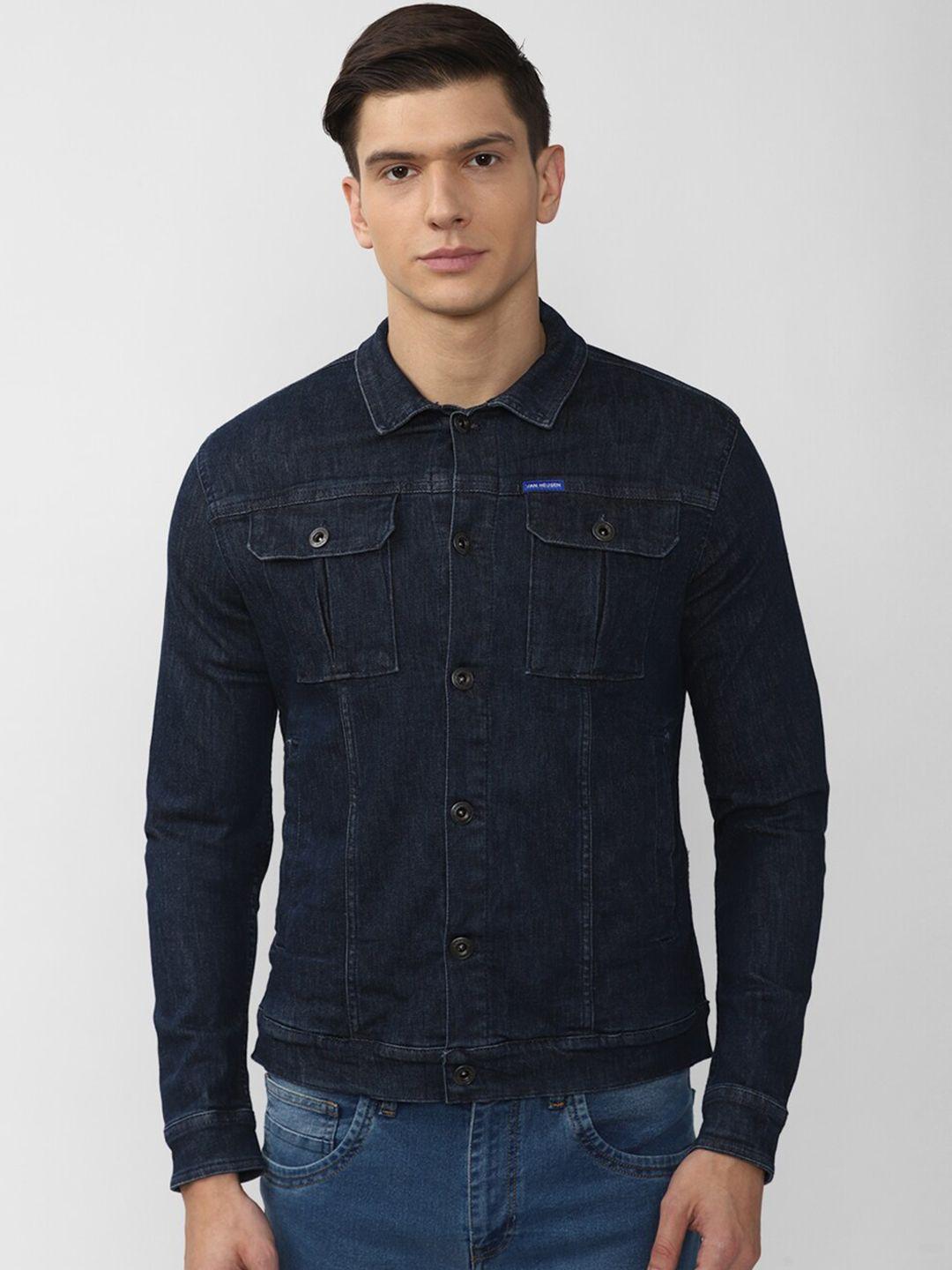 van heusen denim labs men navy blue washed denim jacket with patchwork