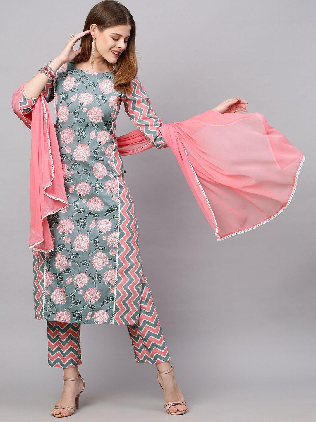 kalini women grey printed kurta with trousers & with dupatta