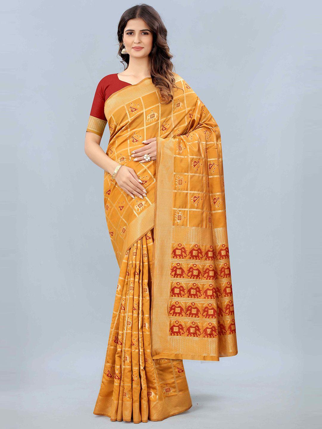 mizzific yellow & red woven design zari silk cotton banarasi saree