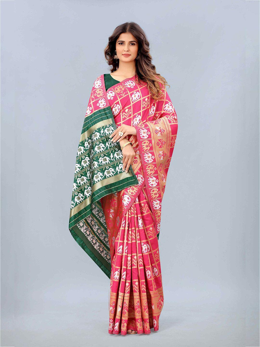 mizzific pink & green woven design zari silk cotton banarasi saree