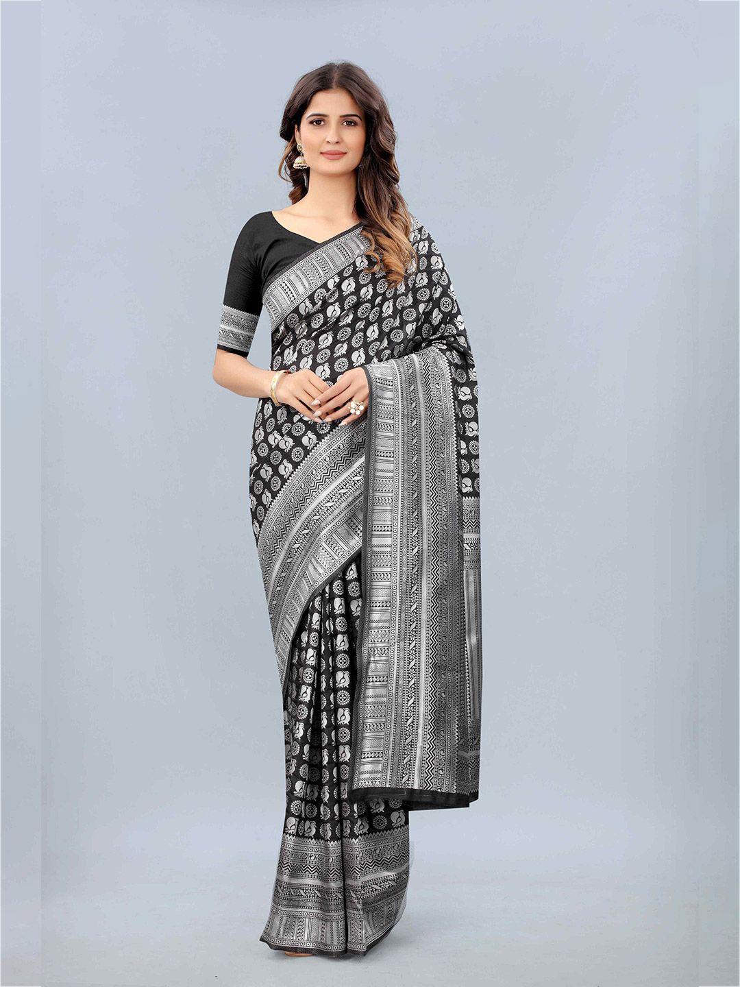 mizzific black ethnic motifs zari silk cotton banarasi saree