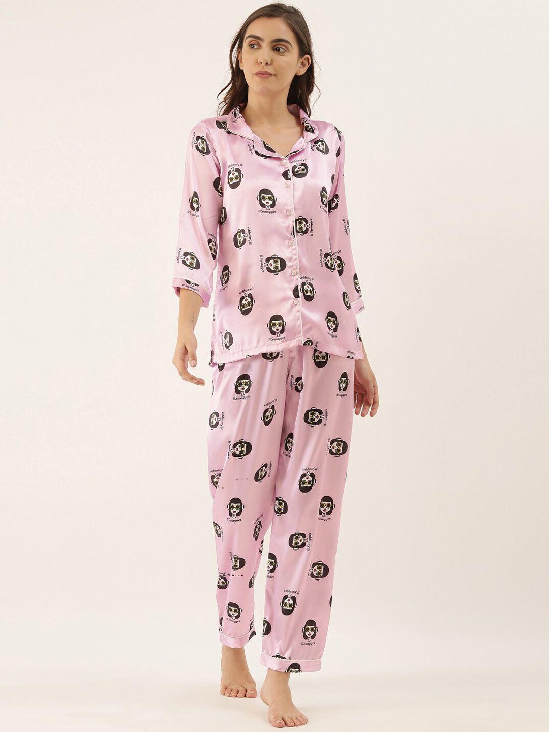 bannos swagger women pink & black printed night suit