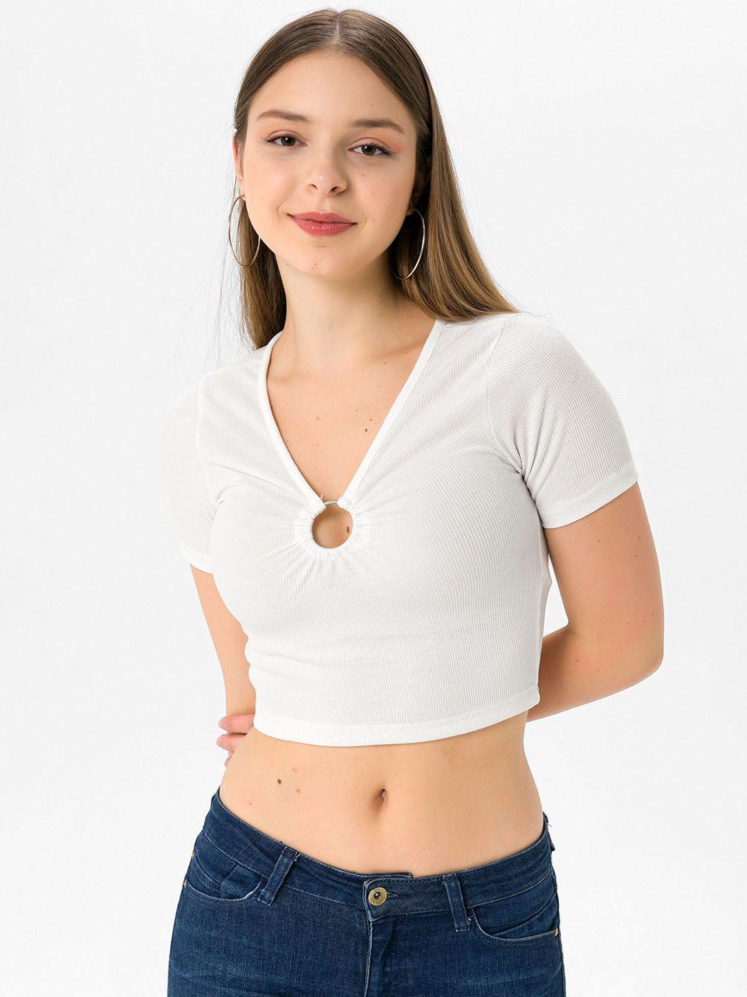 busem white pure cotton solid ribbed fitted crop top