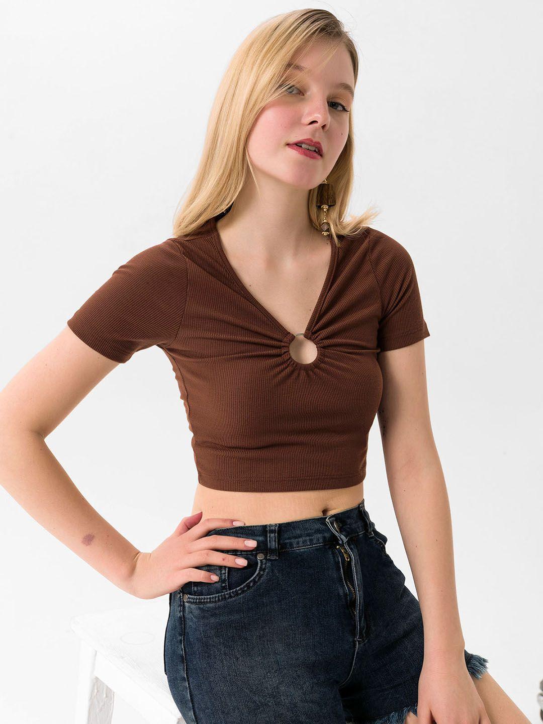 busem brown pure cotton solid ribbed fitted crop top