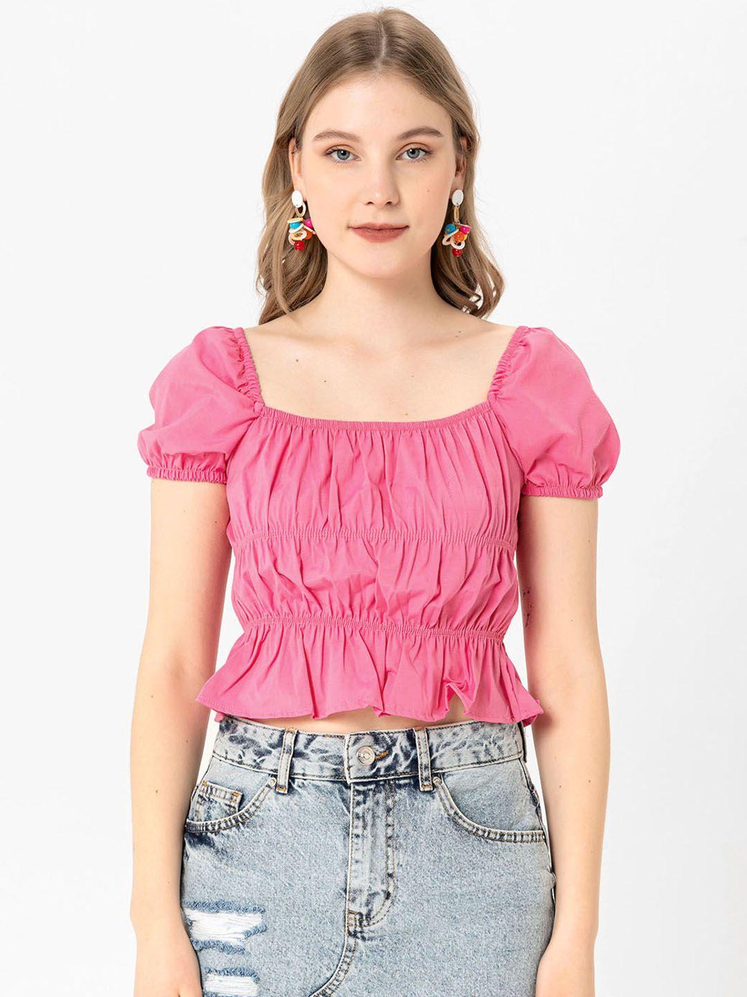 busem pink solid ruched tiered crop top