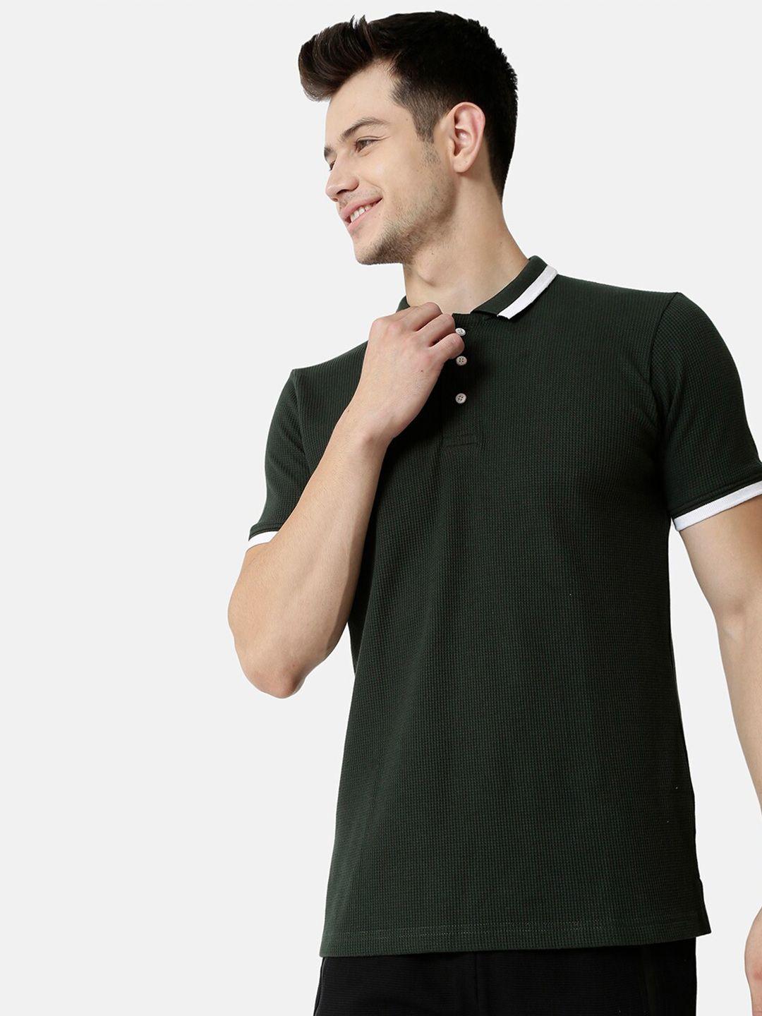 campus sutra men green & pine tree henley neck t-shirt