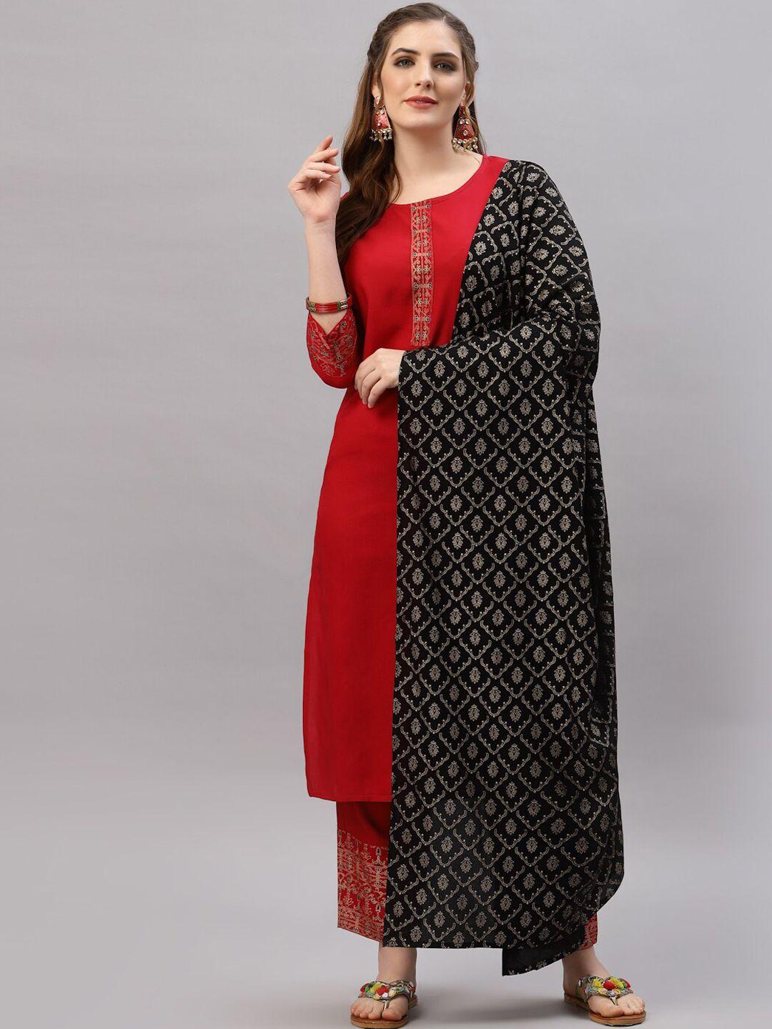 jaipuri bunaai women maroon panelled kurta with trousers & with dupatta