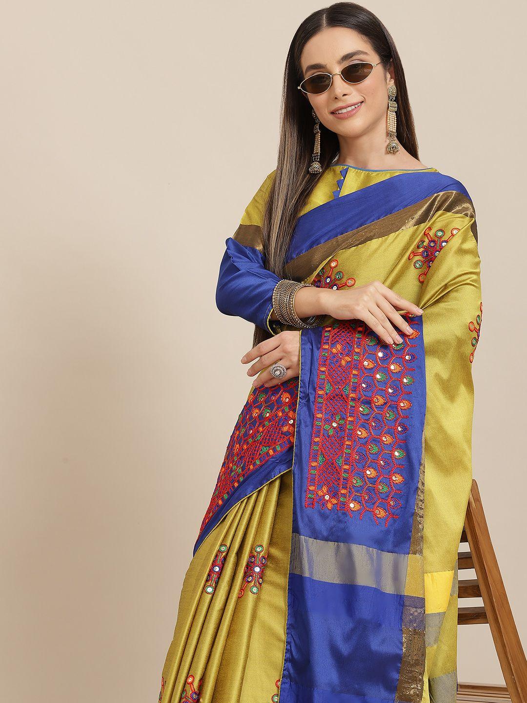 serona fabrics yellow & blue ethnic motifs sequinned silk cotton saree