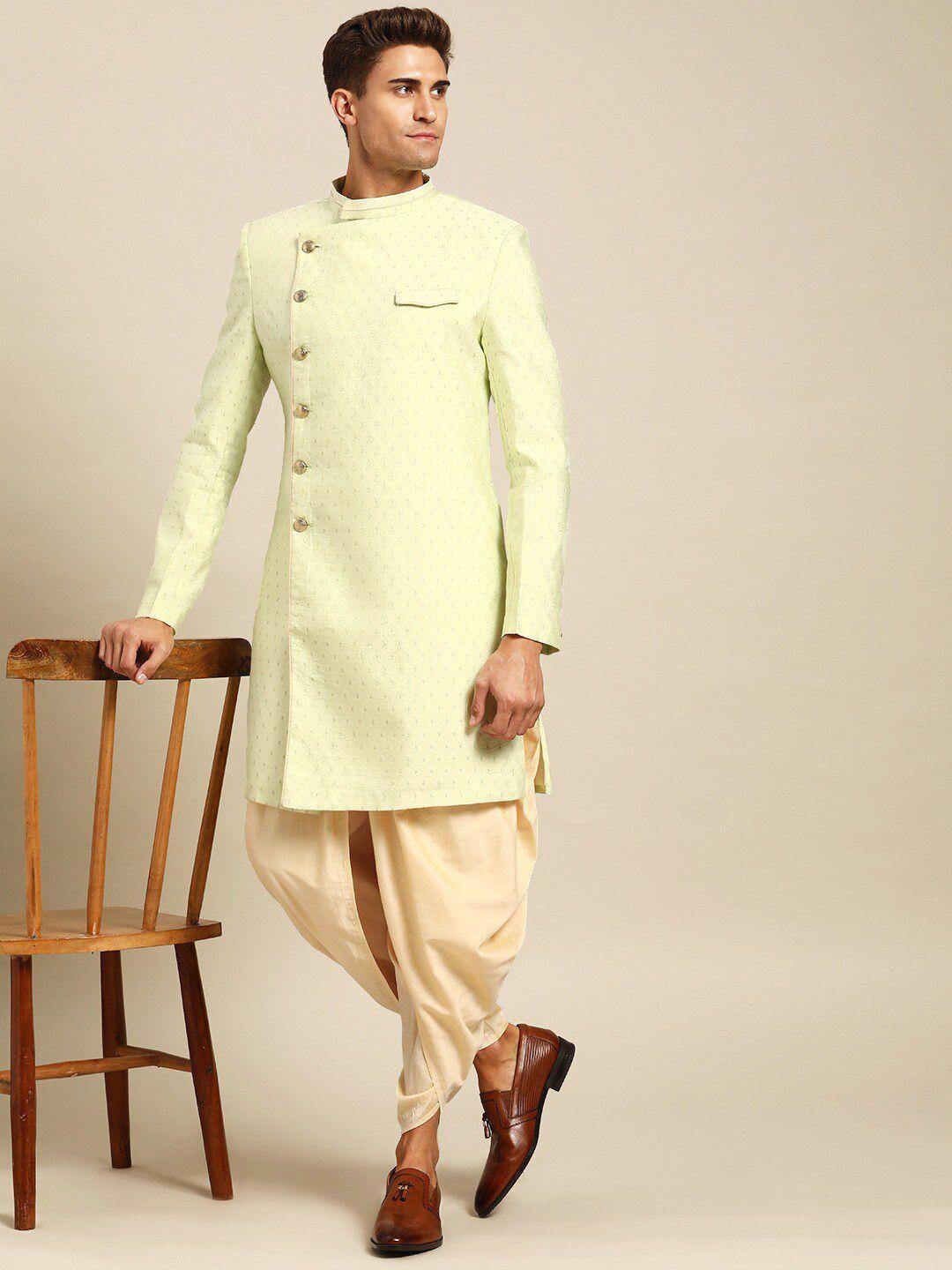 kisah men green printed cotton sherwani