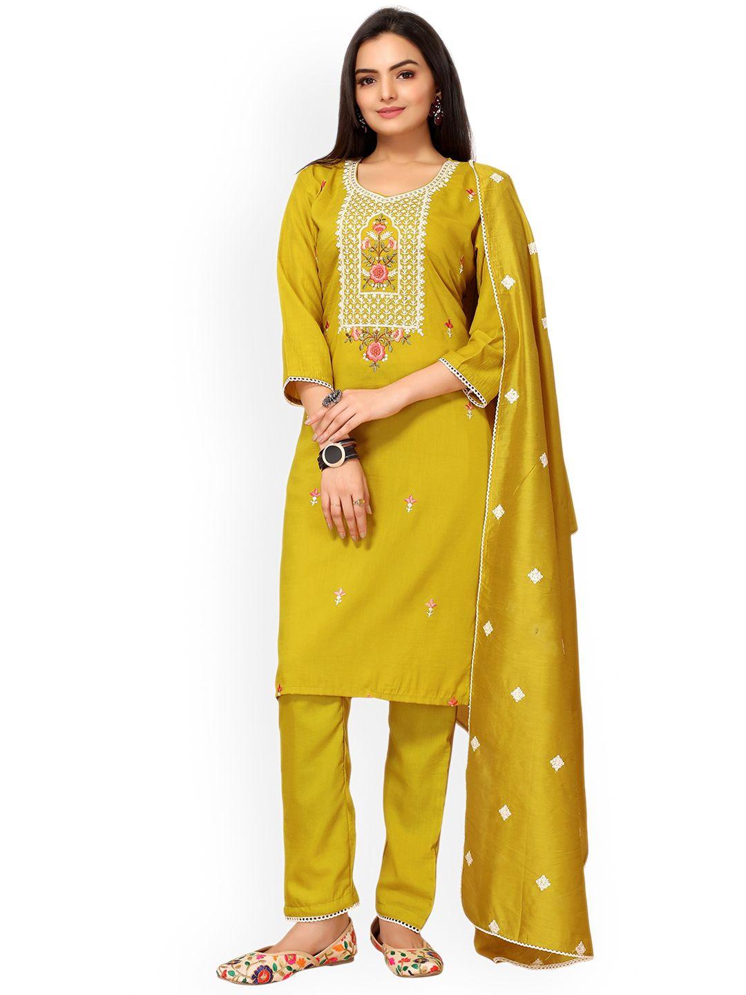 nimayaa women mustard yellow floral embroidered thread work kurta with trousers & with dupatta