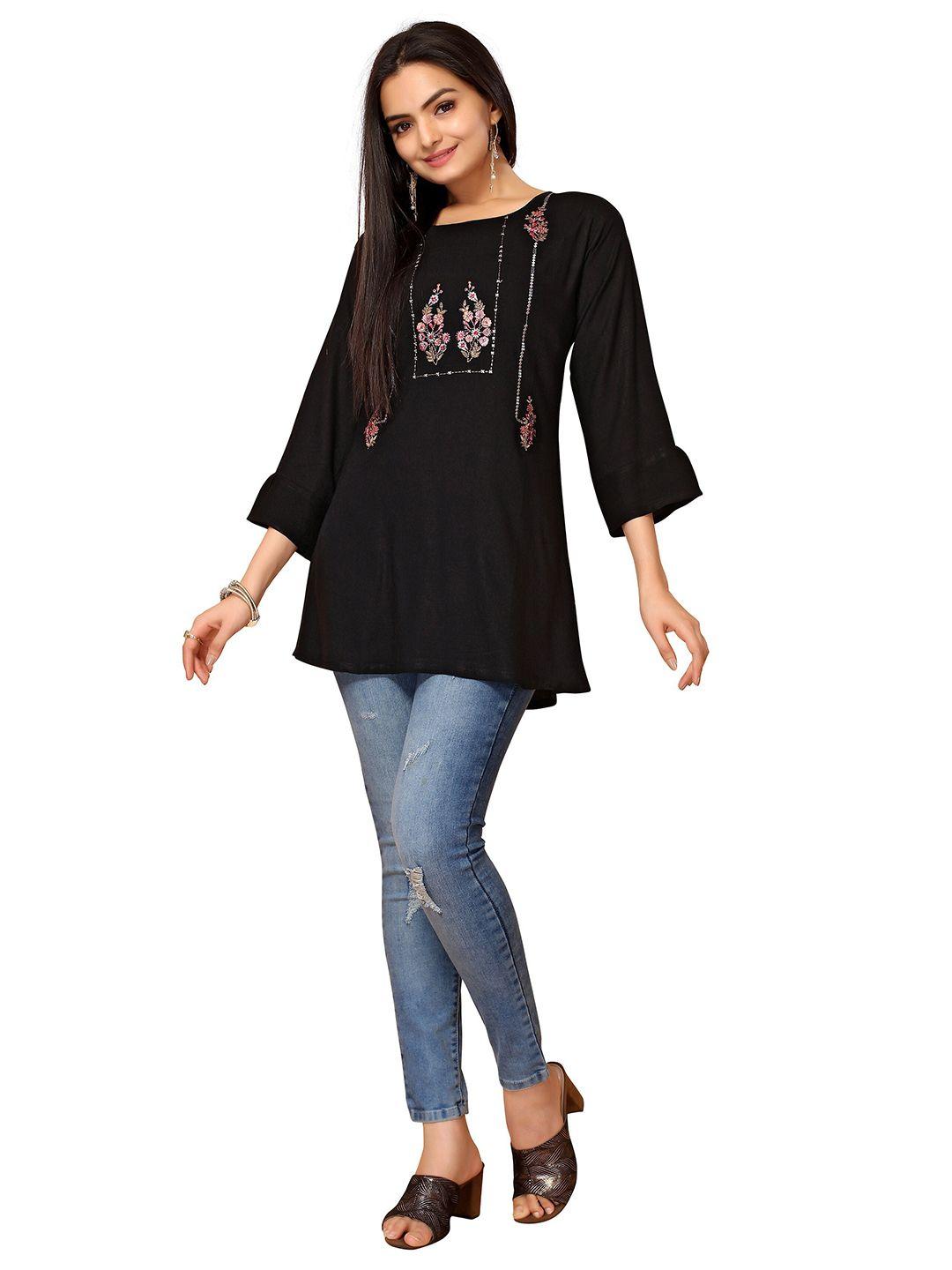 nimayaa black floral embellished top