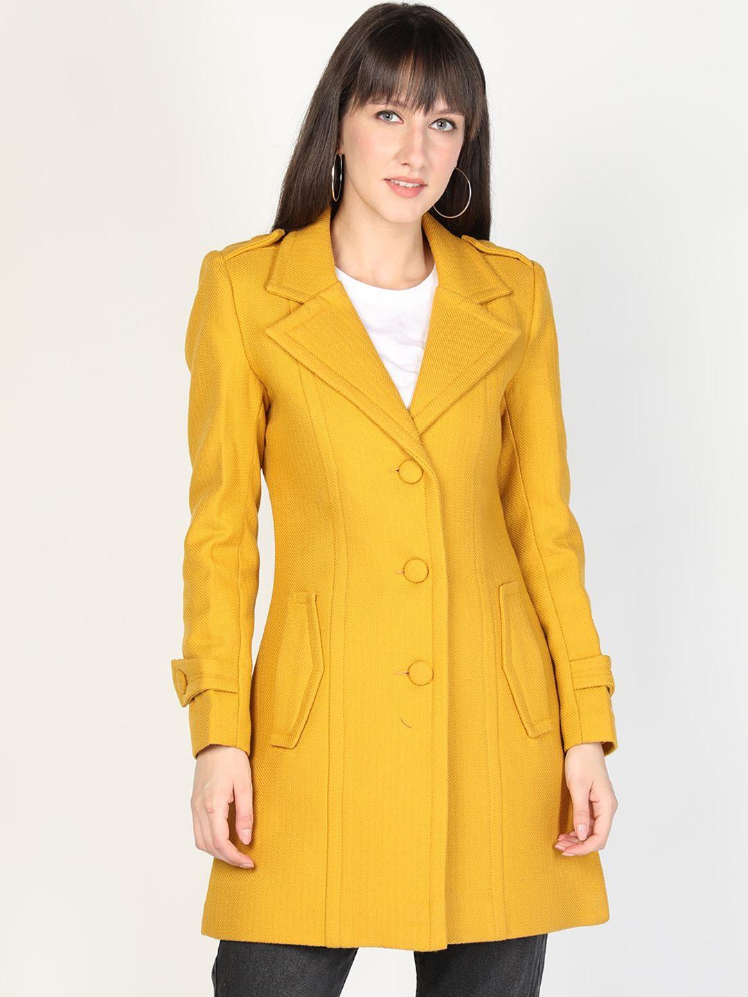 honnete women mustard yellow solid notched lapel collar acrylic longline trench coat