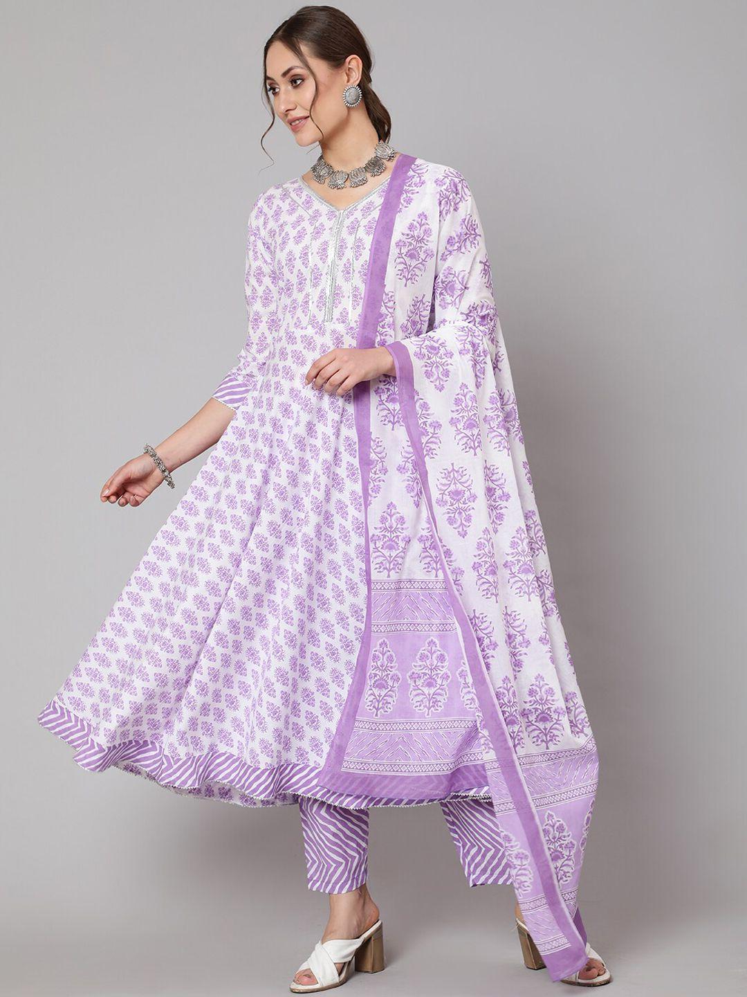 the nks plus women white ethnic motifs printed tiered pure cotton kurta with trousers & with dupatta