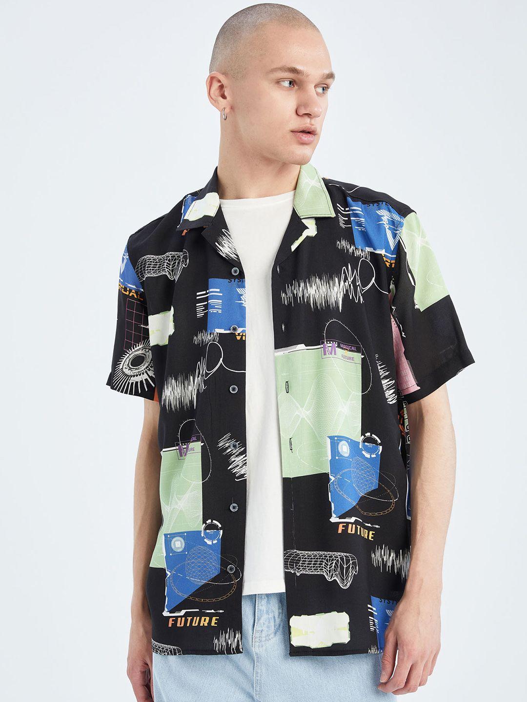 defacto men black & white printed casual shirt