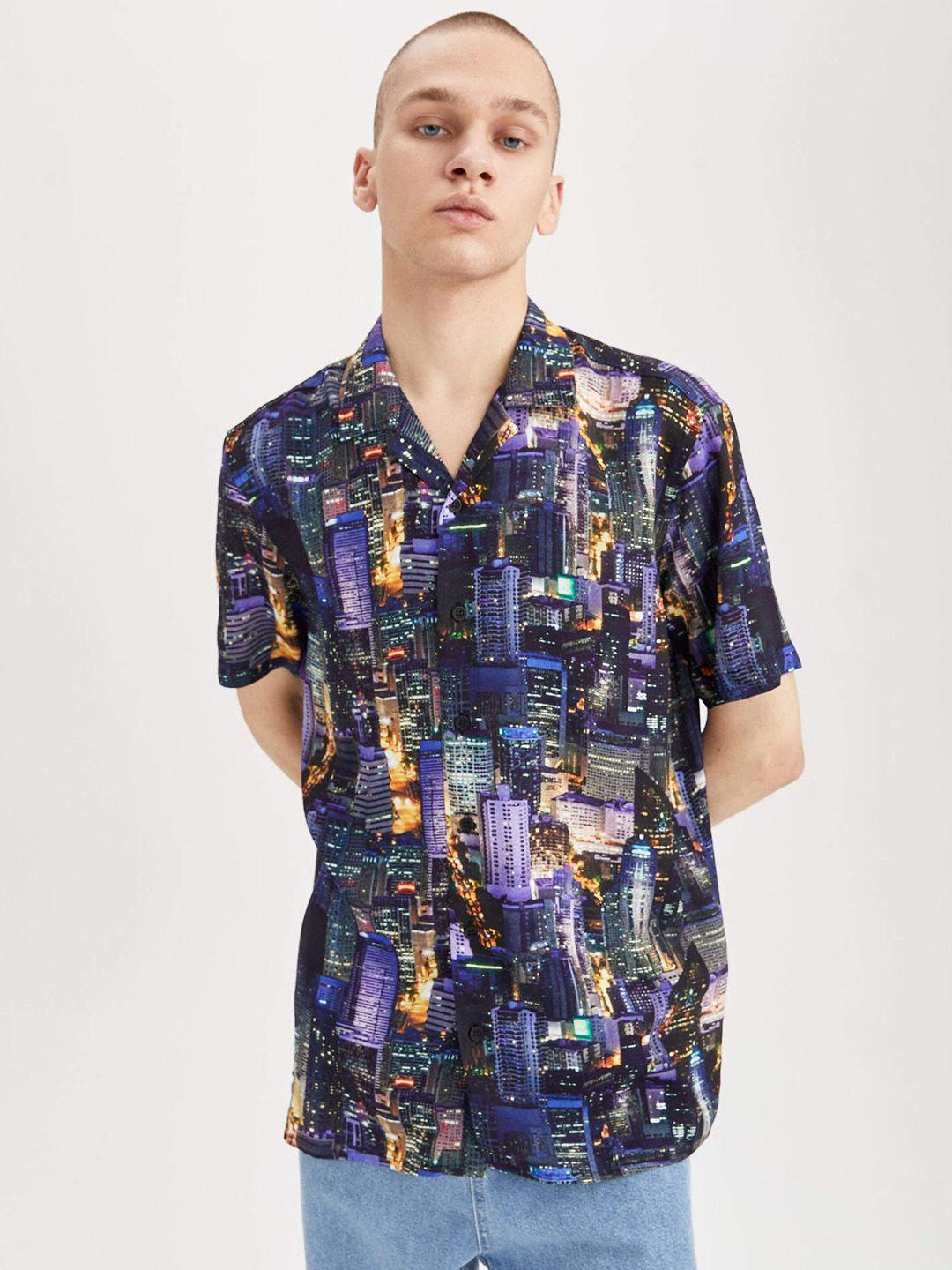 defacto men purple printed casual shirt