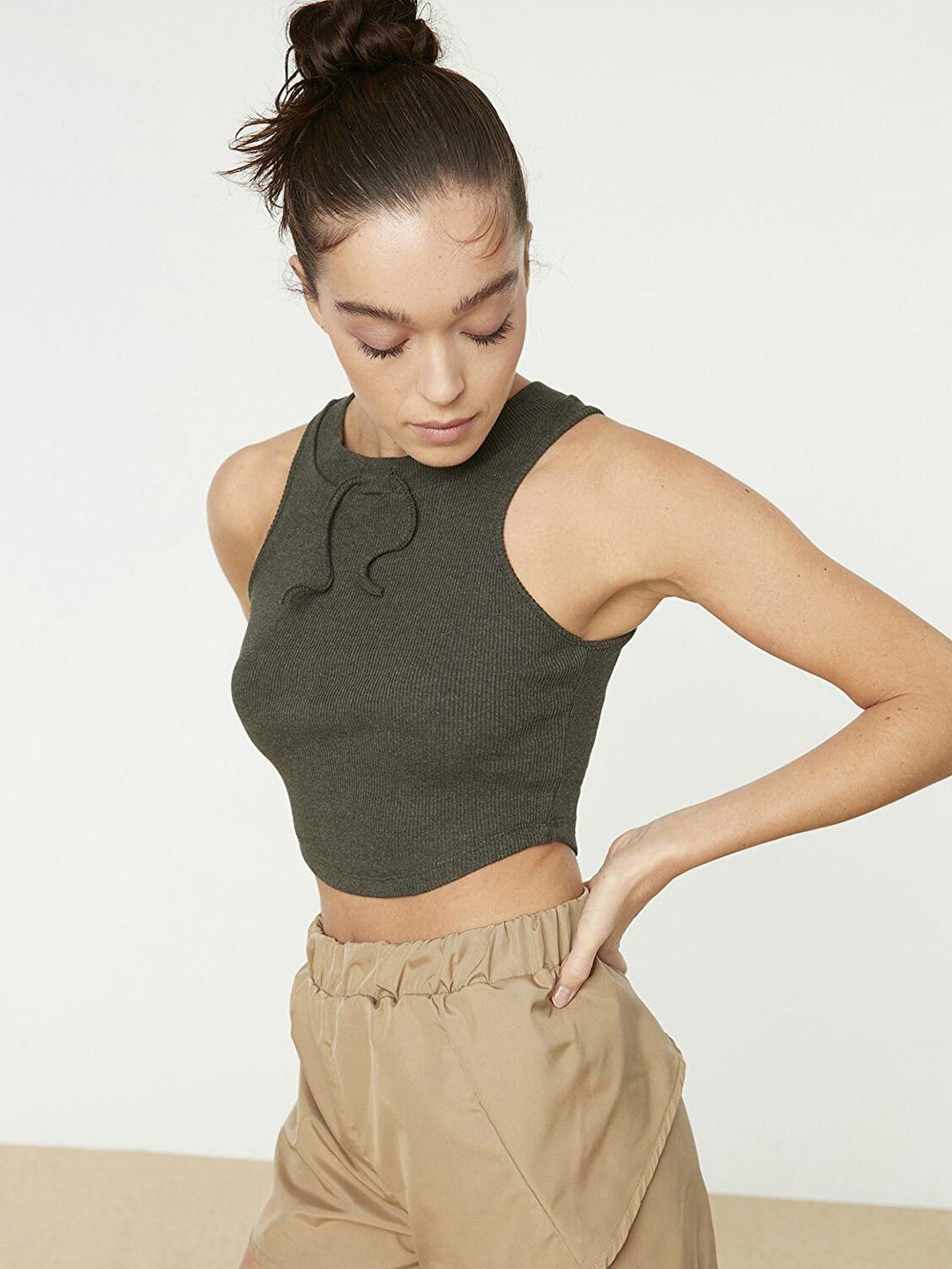 trendyol olive green solid crop top