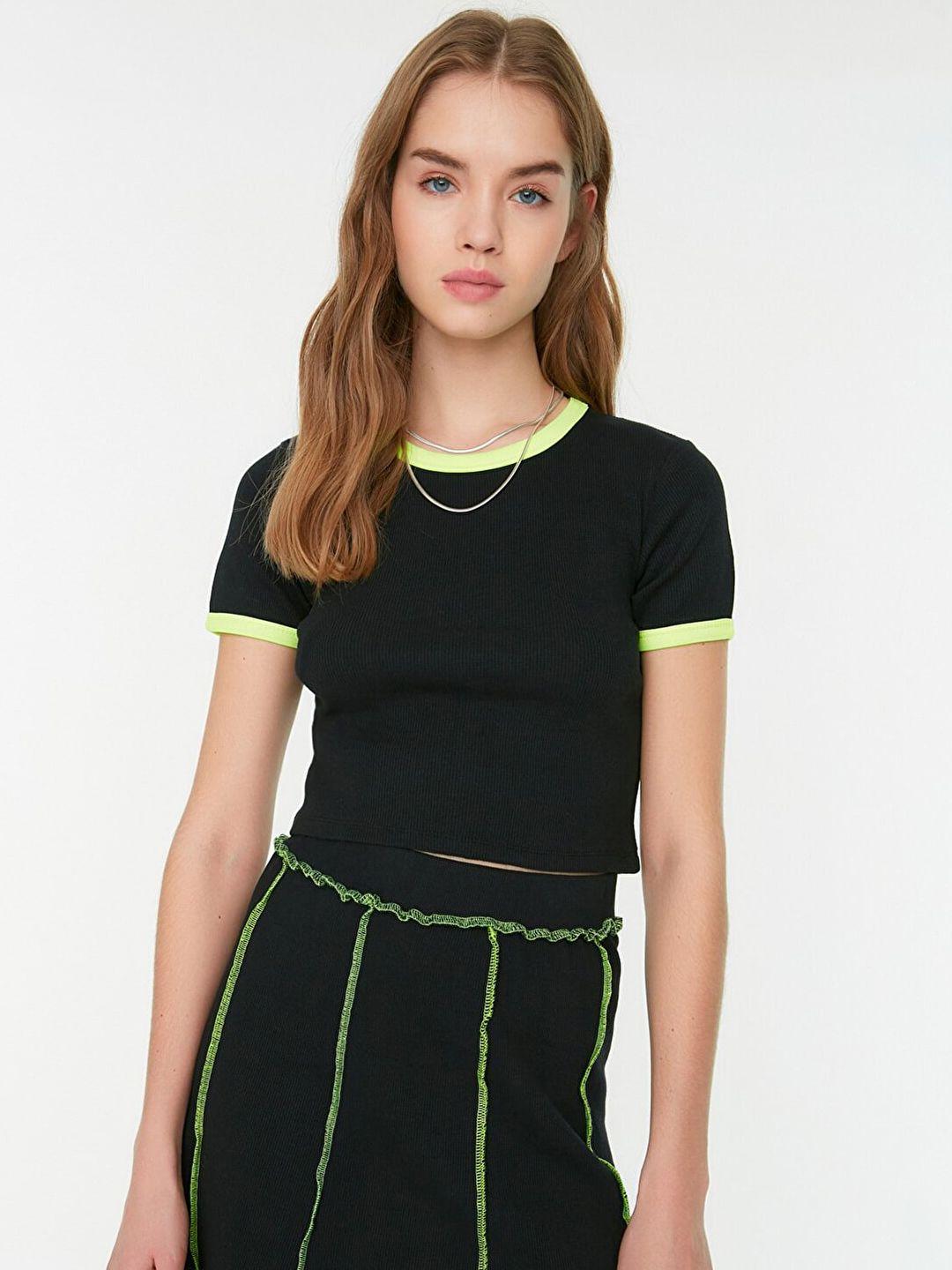 trendyol black & fluorescent green self striped cut-out styled back top