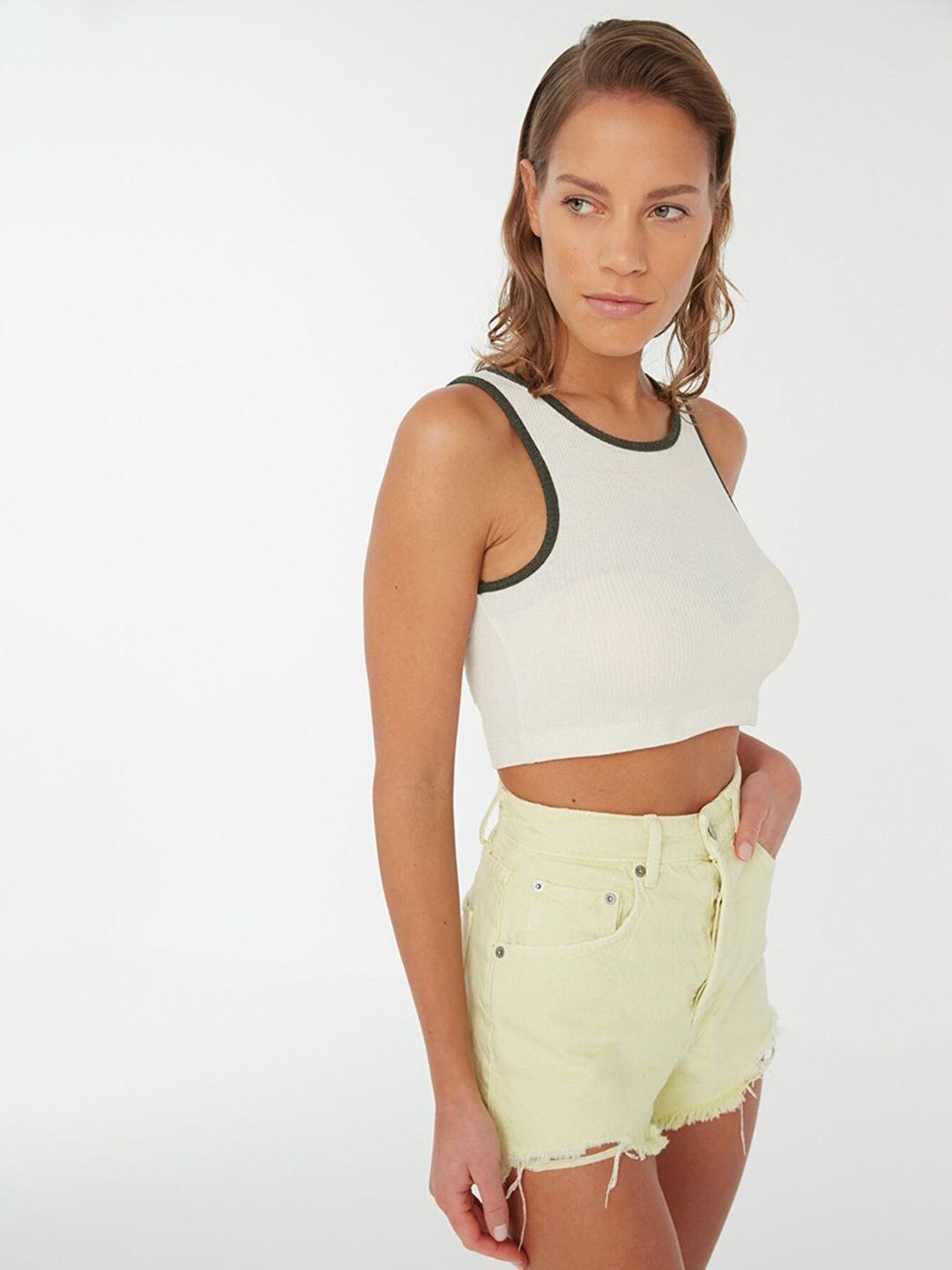 trendyol off white monochrome solid ribbed crop knitted top