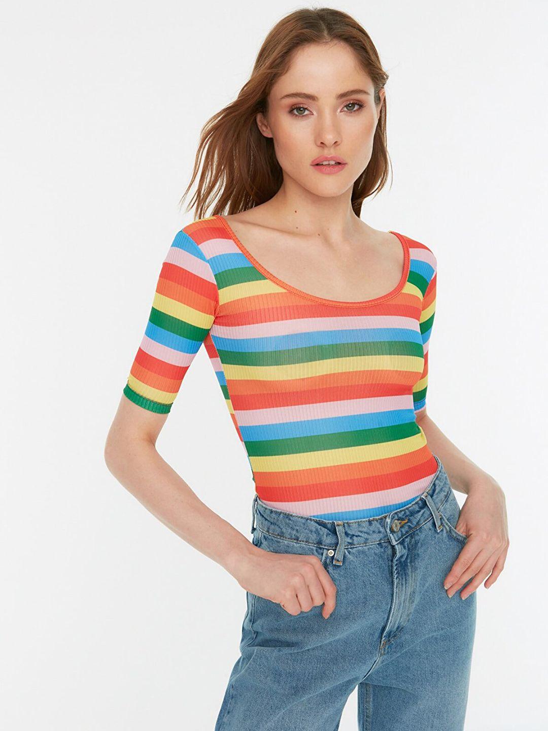 trendyol women orange & yellow fitted striped top