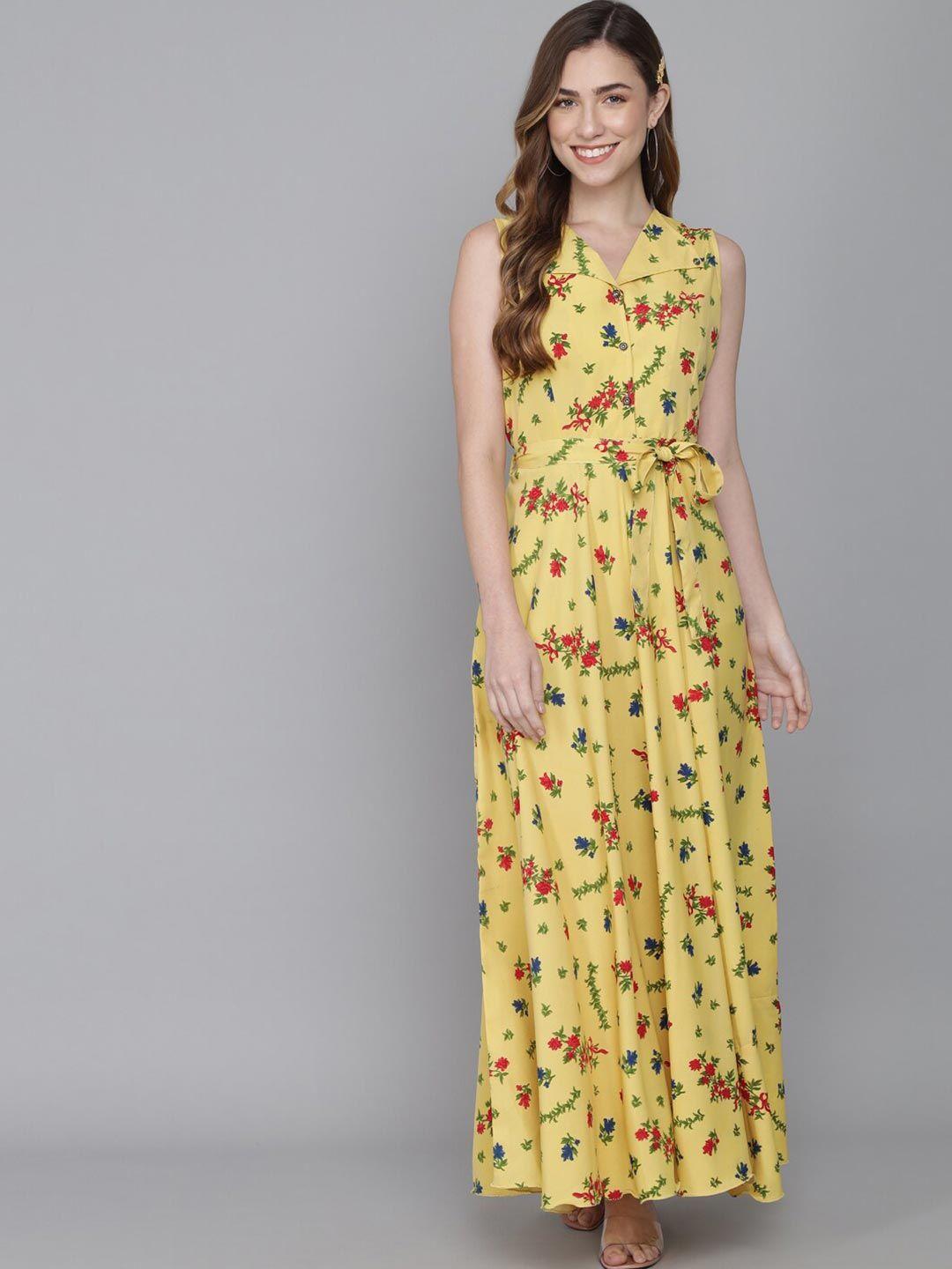 rudraaksha creations yellow & dusty yellow floral crepe maxi dress