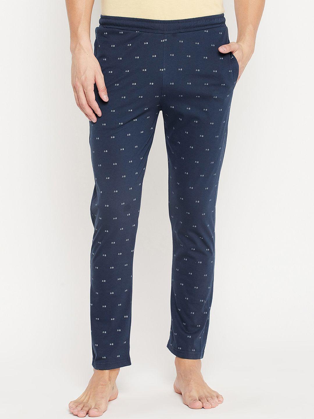 okane men navy blue printed cotton lounge pants