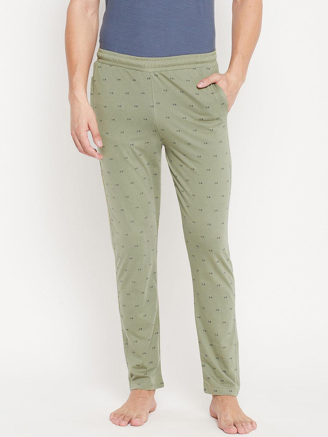 okane men olive green & black printed lounge pants