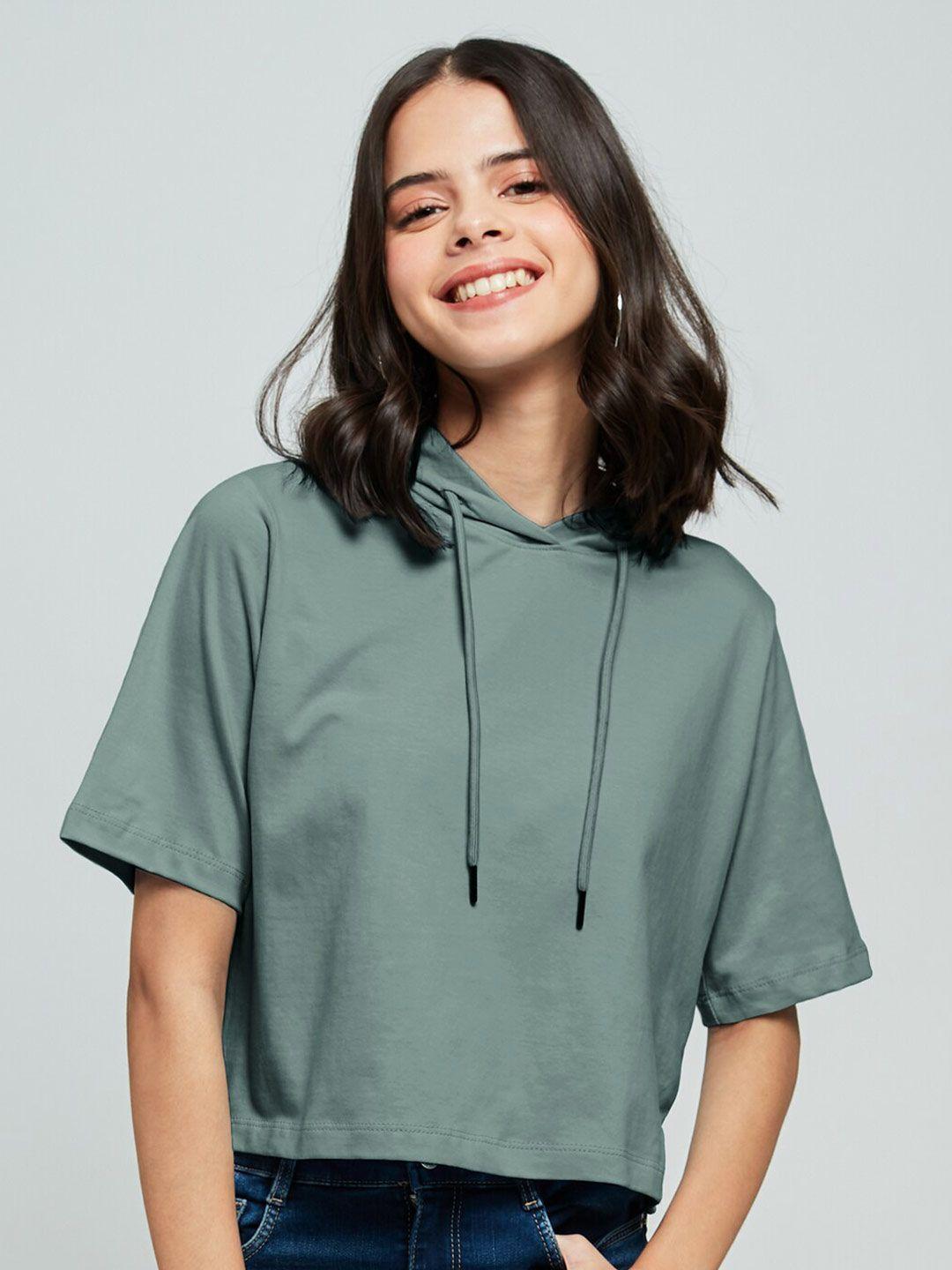 the souled store women green drop-shoulder sleeves raw edge loose t-shirt