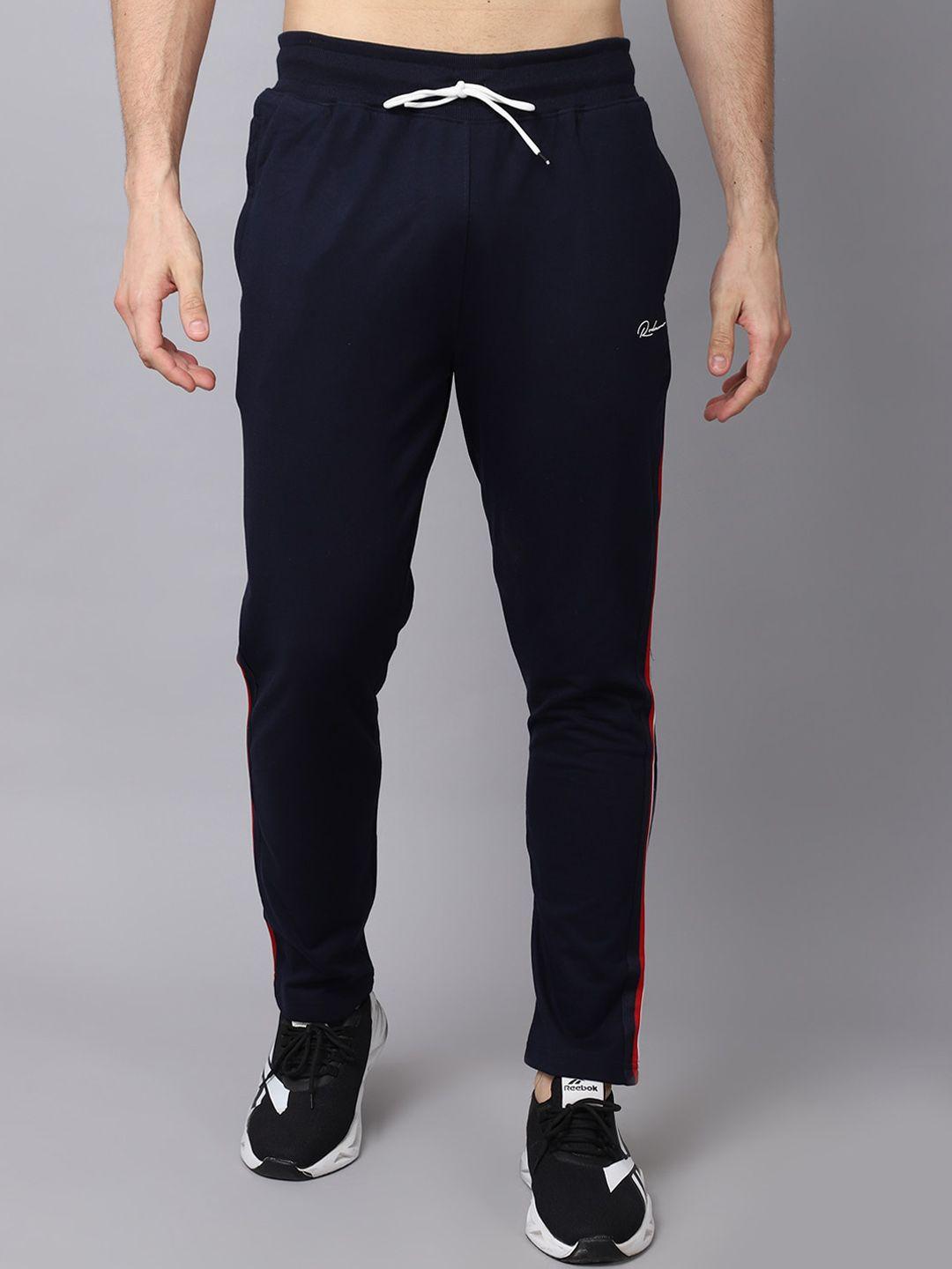 rodamo men navy blue & red striped cotton track pant