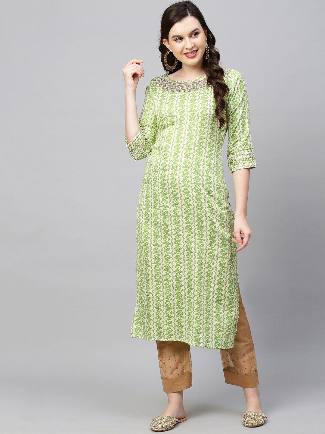 fashor women green geometric printed keyhole neck thread work kurta