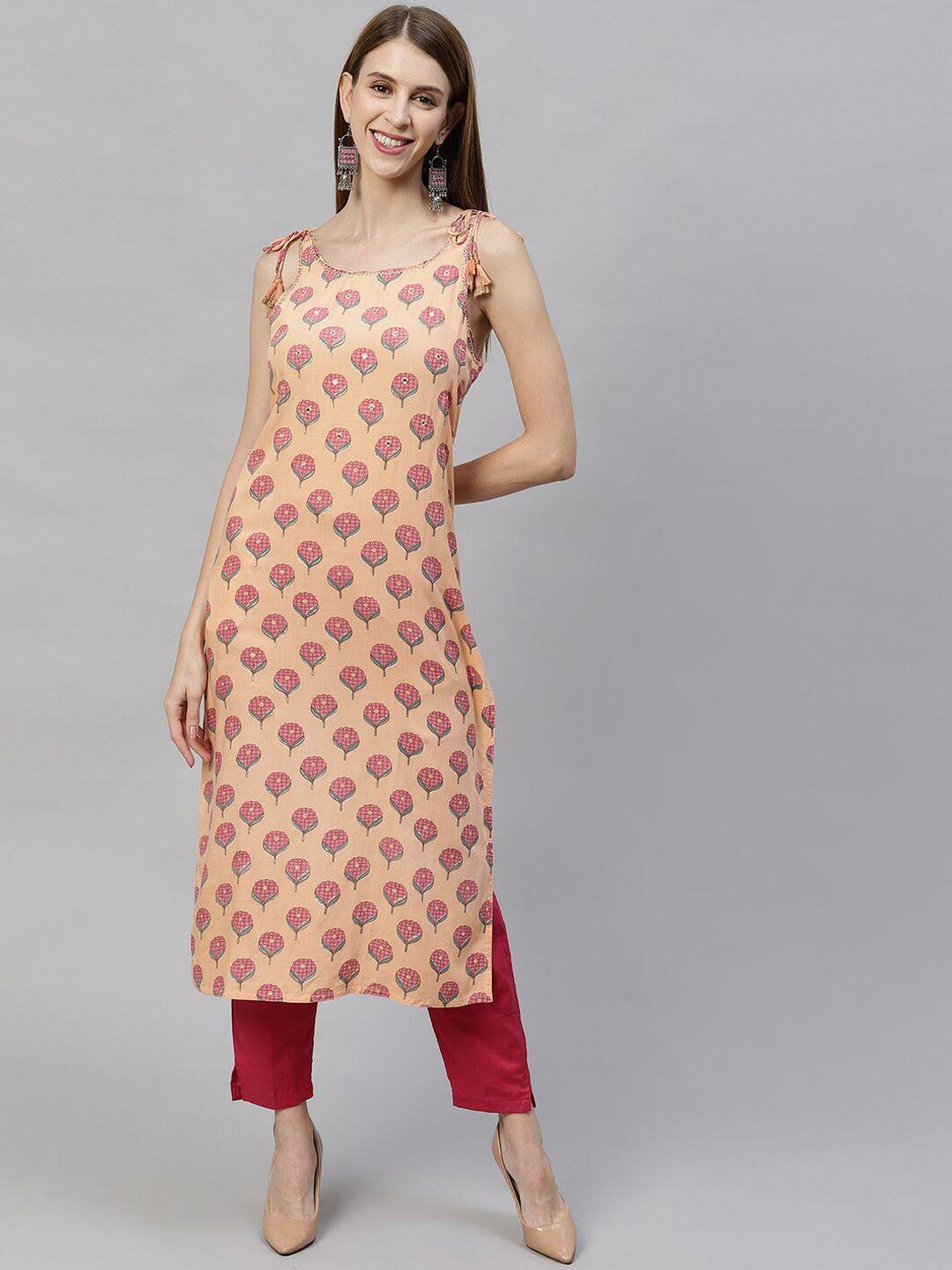 fashor women peach-coloured ethnic motifs printed thread work kurta