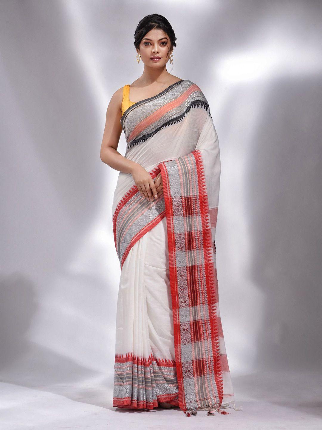 charukriti white & orange woven design pure cotton saree