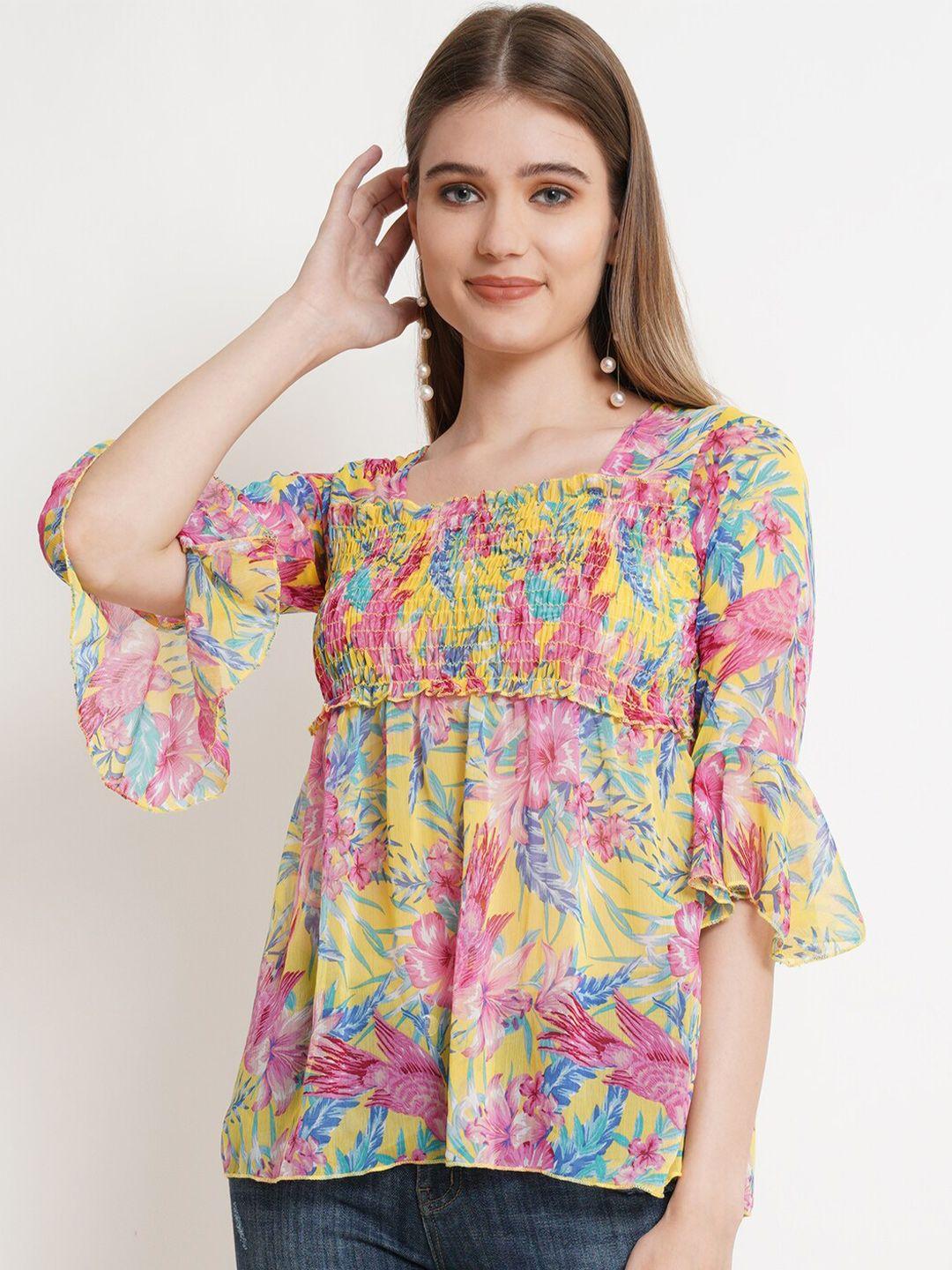 popwings yellow & sahara sun floral print chiffon empire top