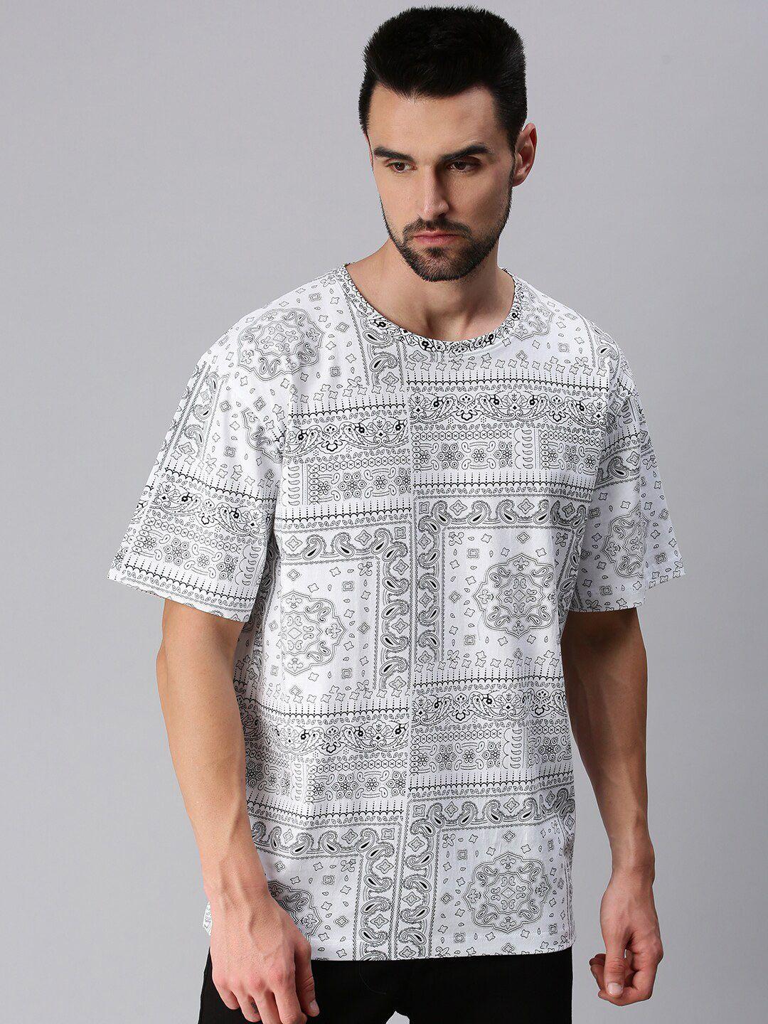 veirdo men white & bright gray printed high neck applique loose t-shirt