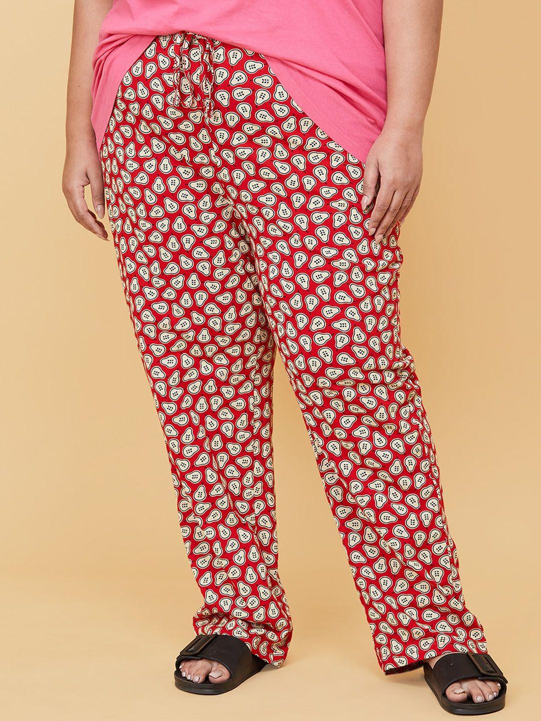 max women plus size red & cream printed pure cotton lounge pants