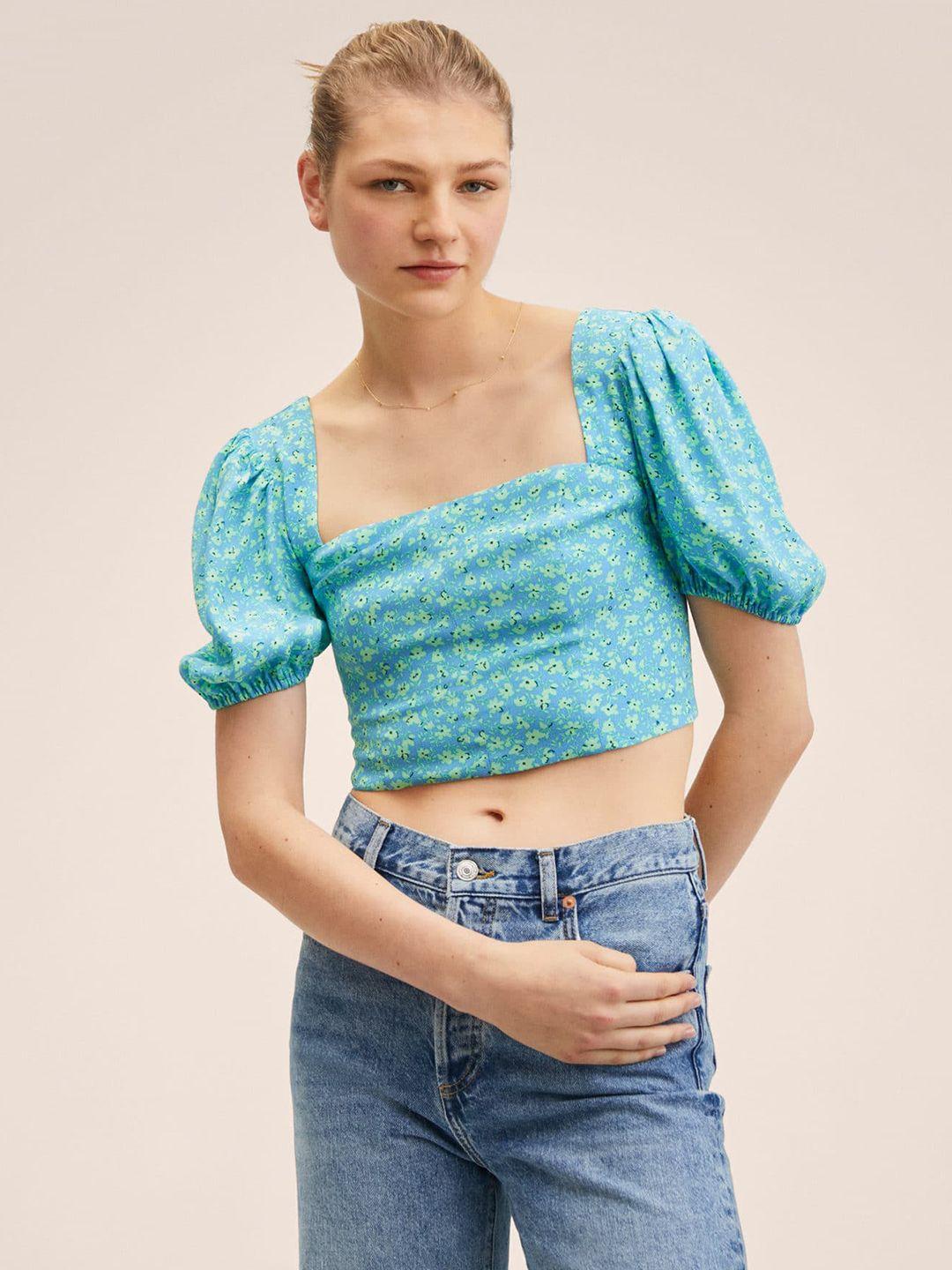 mango blue & green floral print crop top