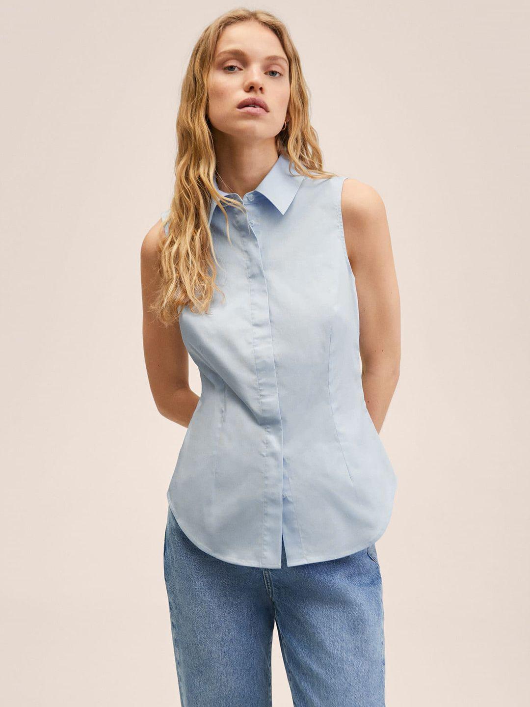 mango women blue solid casual shirt